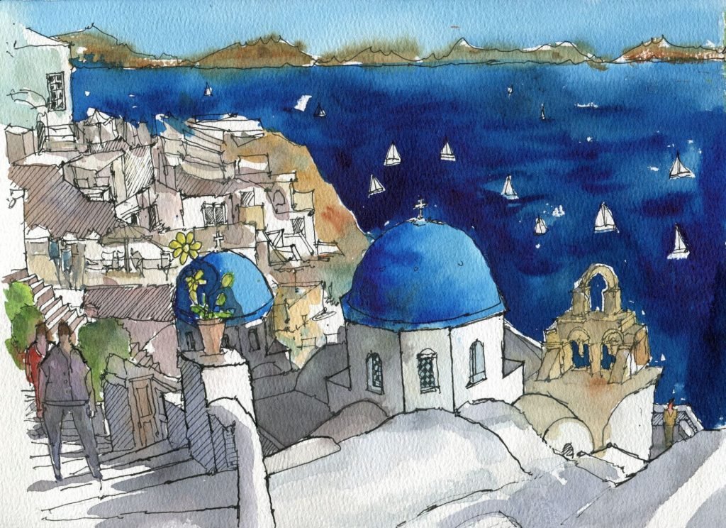 How to Draw and Paint London and Santorini - santorini line and wash illustration